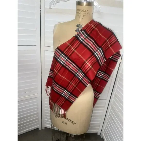 New W/ Tags V. Fraas Cashmink Red, Black & White Plaid Scarf Fringes 54”x 11” - Picture 7 of 7